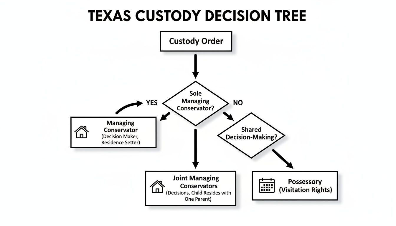 A Texas Custody Decision Tree flowchart illustrating paths from a custody order to different conservator types.
