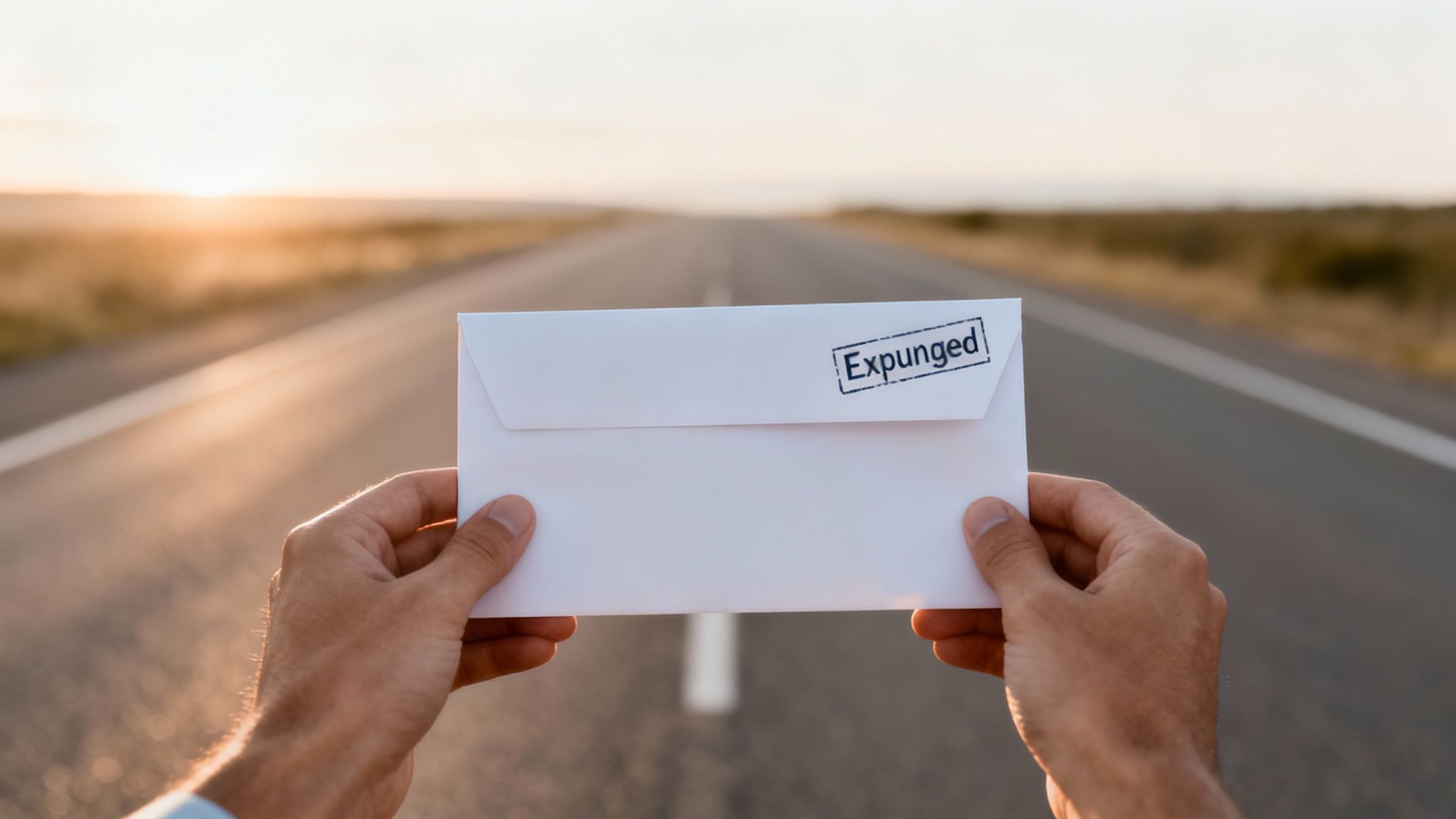 Hands holding an envelope labeled "Expunged," symbolizing the process of clearing a criminal record, with a scenic road in the background, representing a path to a fresh start in Texas.