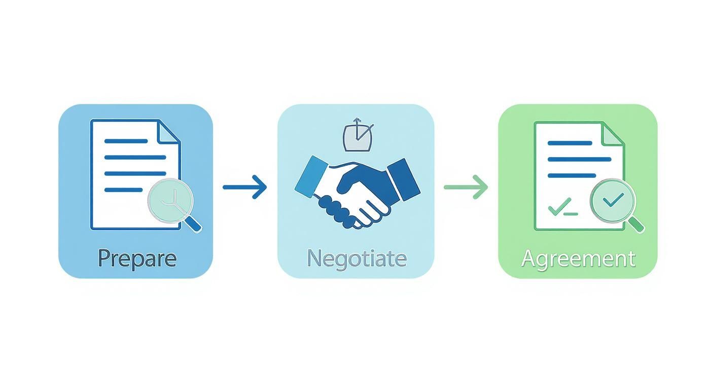 A three-step process diagram illustrating document preparation, negotiation, and final agreement with icons.