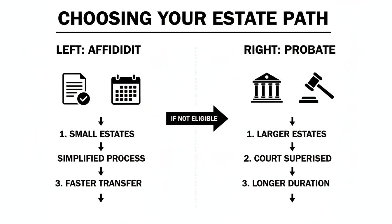 Infographic comparing Affidavit and Probate estate paths, detailing differences in estate size, process, and duration.