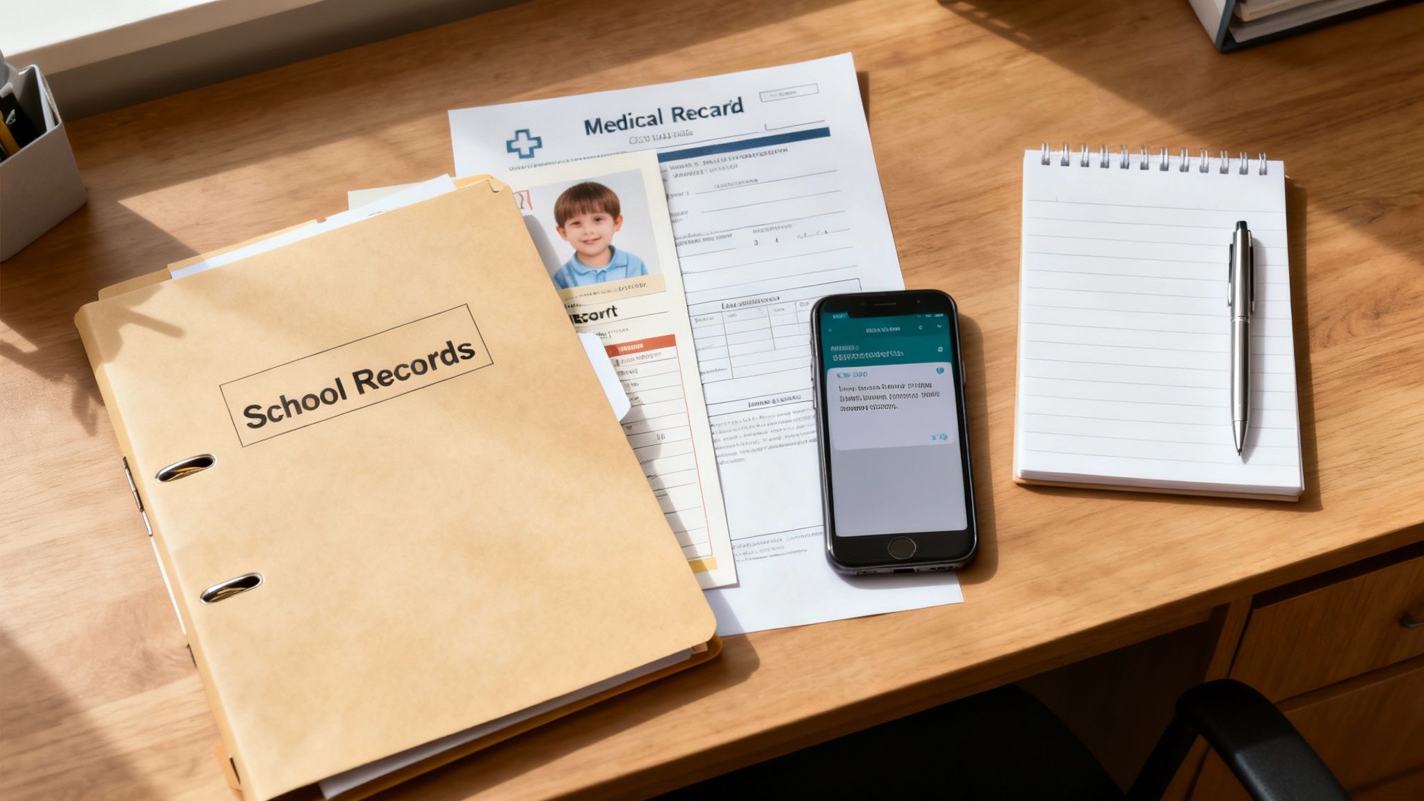 A top-down view of a desk with school records, medical forms, a child's photo, and a smartphone.