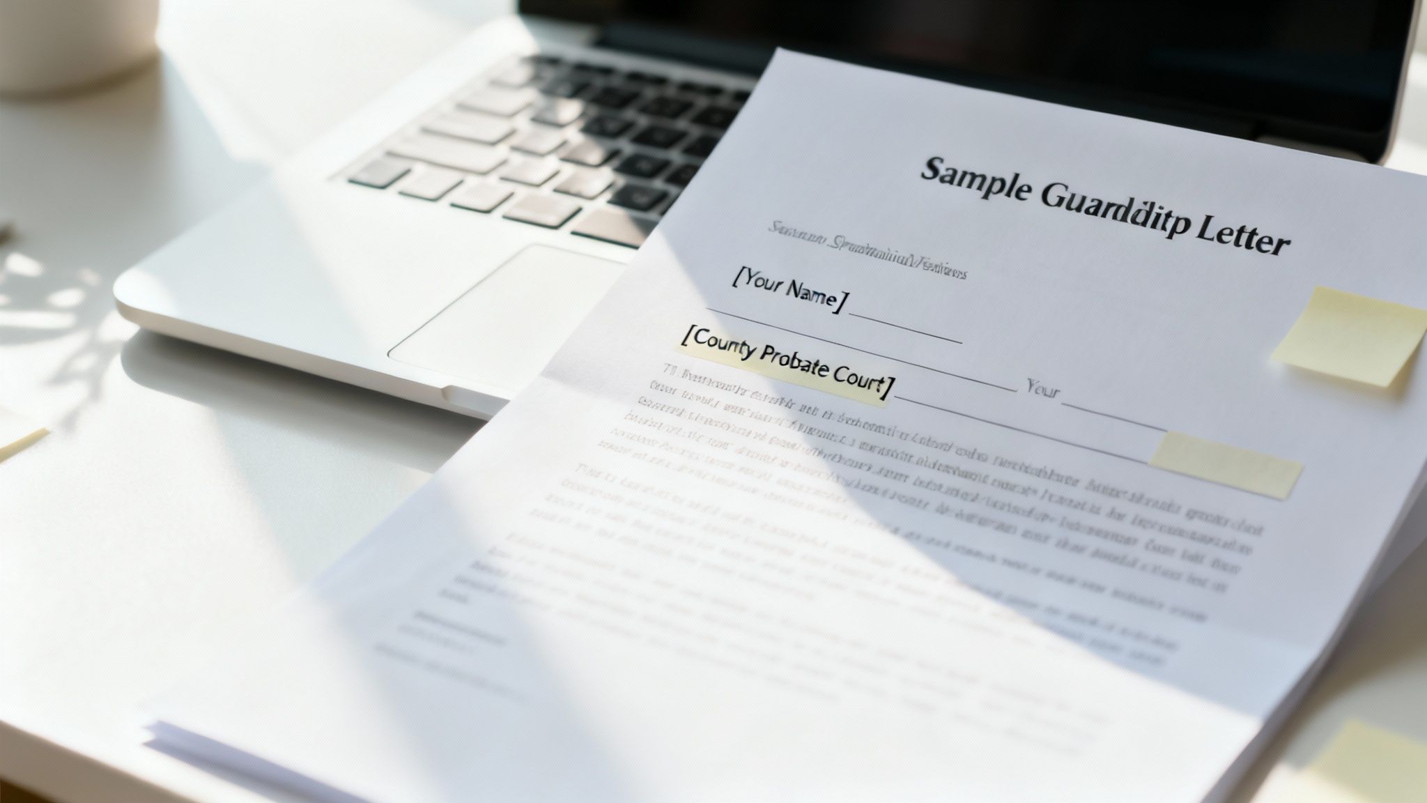 A legal document with a pen, glasses, and a gavel, symbolizing the creation of a legal guardianship letter.