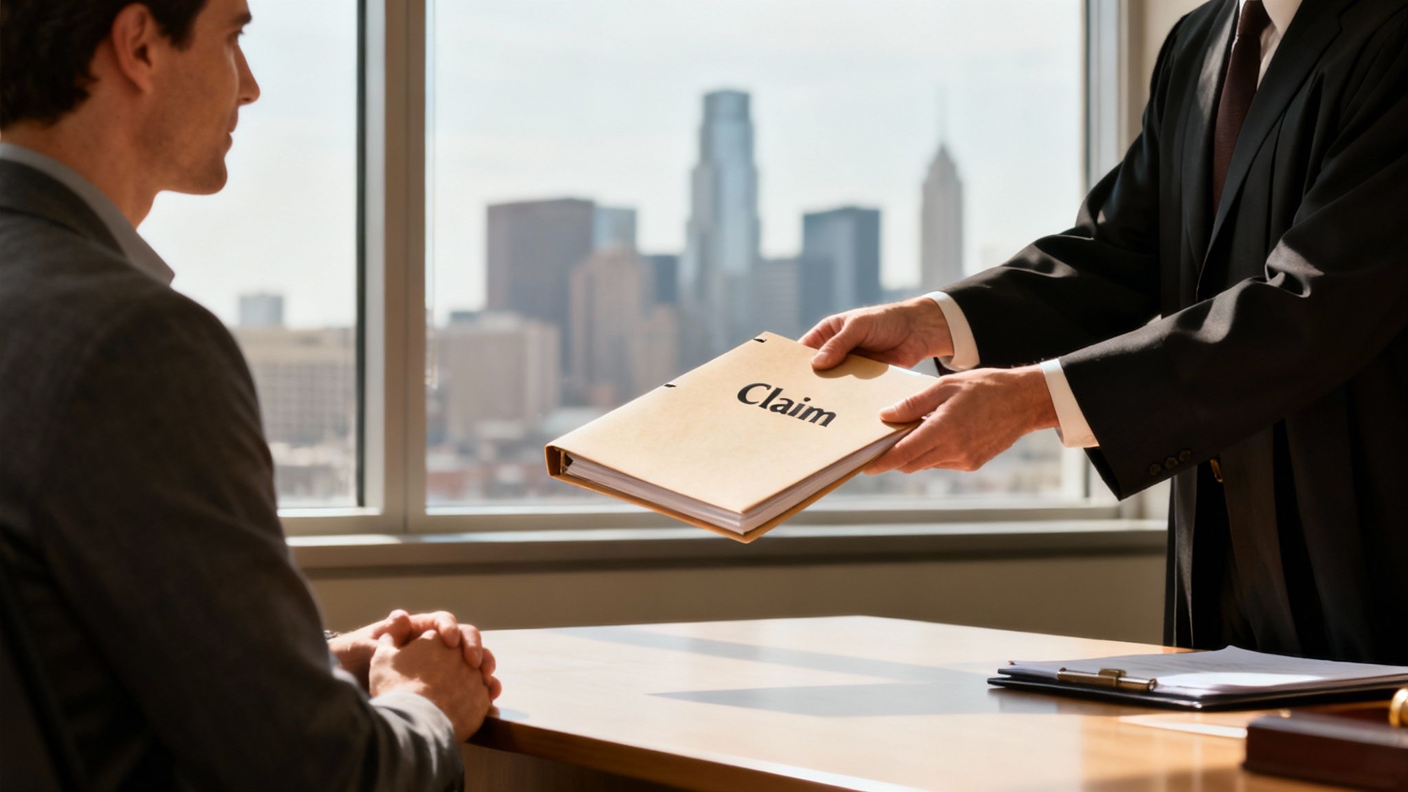 A lawyer from The Law Office of Bryan Fagan, PLLC, meets with a car accident client in Houston.