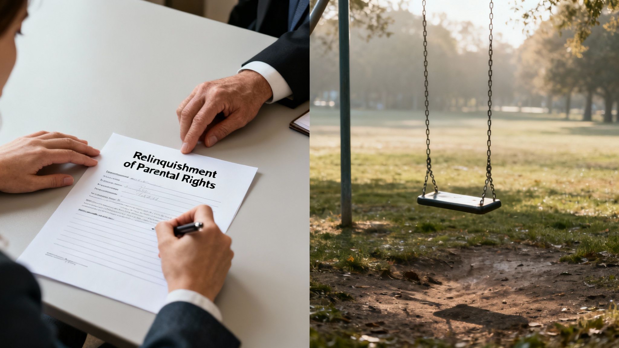 A person signs a 'Relinquishment of Parental Rights' document, with an empty swing in a park nearby.