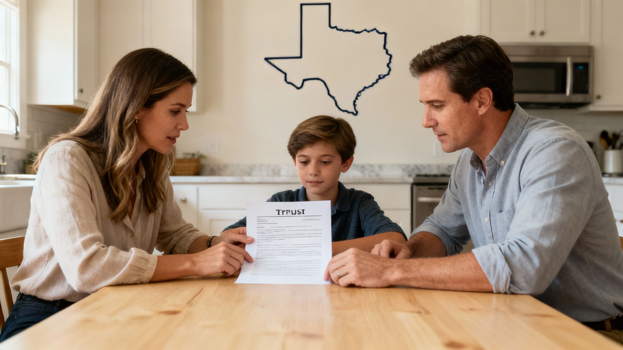 Family discussing a living trust document at a kitchen table, Texas outline in the background, emphasizing estate planning and asset protection.