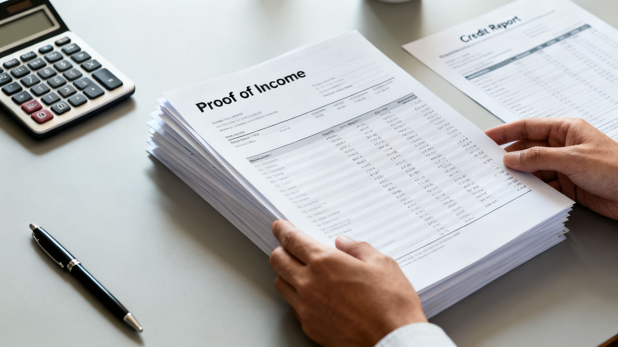 A person reviews a stack of 'Proof of Income' documents next to a calculator and a 'Credit Report' on a desk.