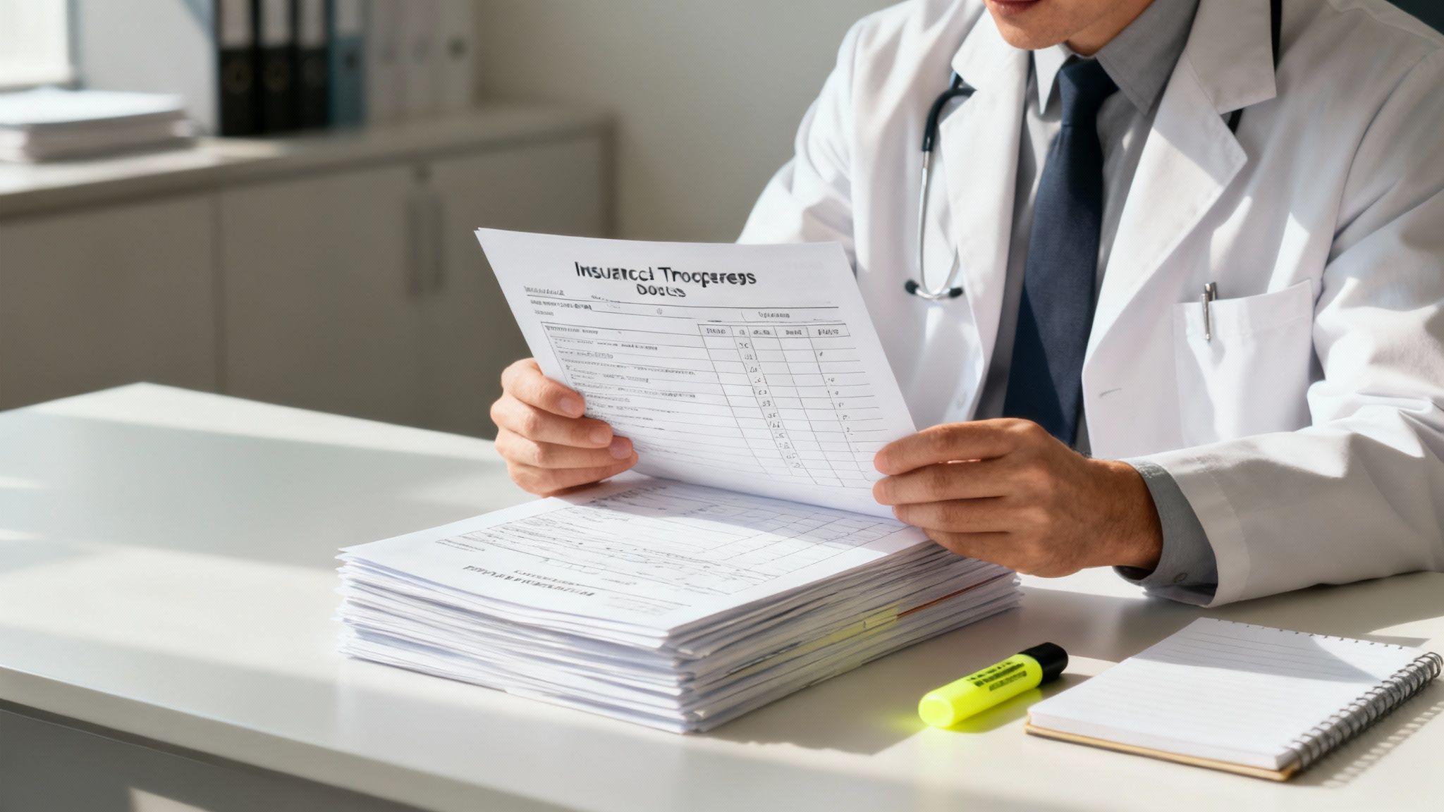 A person's hands holding a pen over a medical document, representing the scrutiny of records.