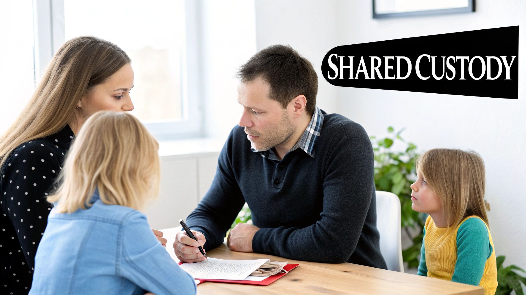 Parents signing shared custody agreement documents with their two children present at meeting table