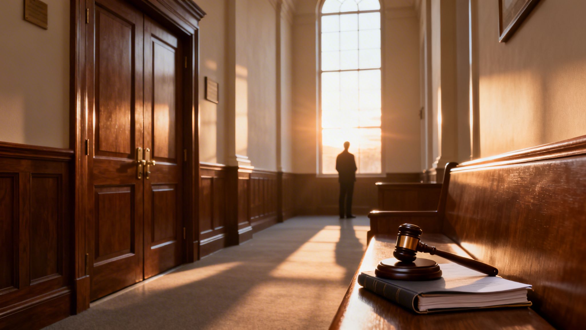A gavel and law book on a wooden bench in a sunlit courthouse hallway.