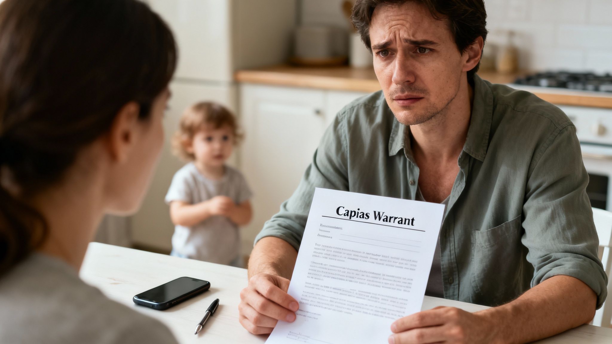 Distressed man holds a "Capias Warrant" document, discussing with a woman, a child in the background.