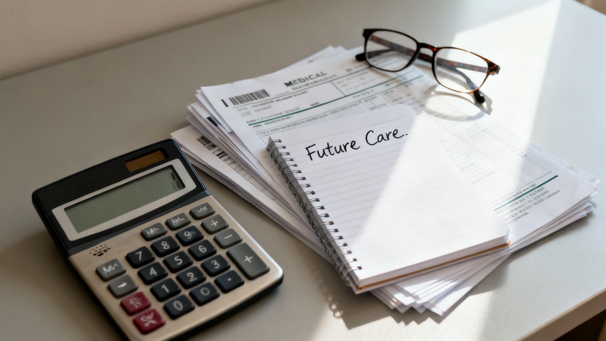 Calculator, medical bills, glasses, and a notebook titled 'Future Care' on a desk, representing financial planning.