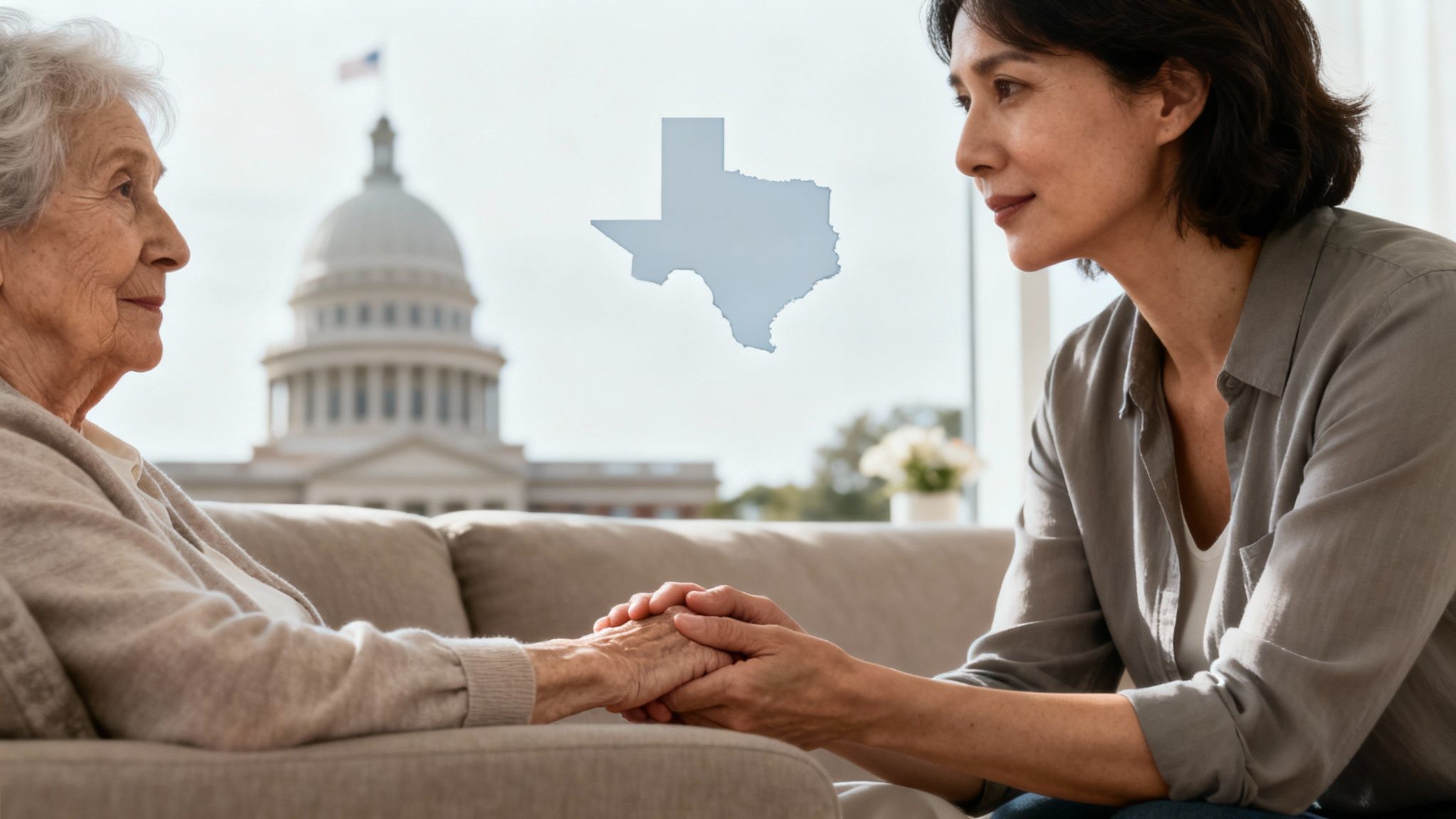 Elderly woman and caregiver holding hands with Texas state outline and government building in the background, illustrating guardianship and legal support in Texas.