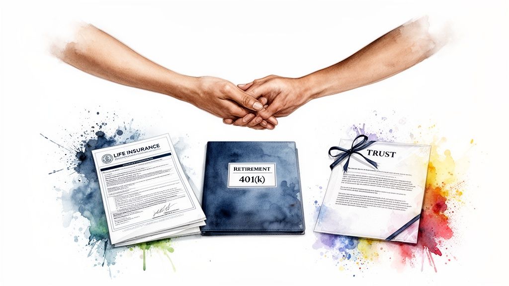 Hands holding each other above documents labeled "Life Insurance," "Retirement 401(k)," and "Trust," symbolizing estate planning and asset management strategies to avoid probate in Texas.