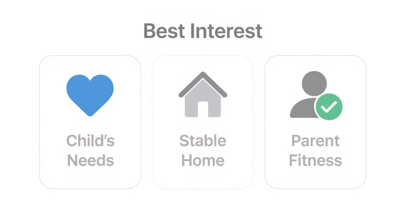 Three icons representing a child's best interest: child's needs, stable home, and parent fitness.