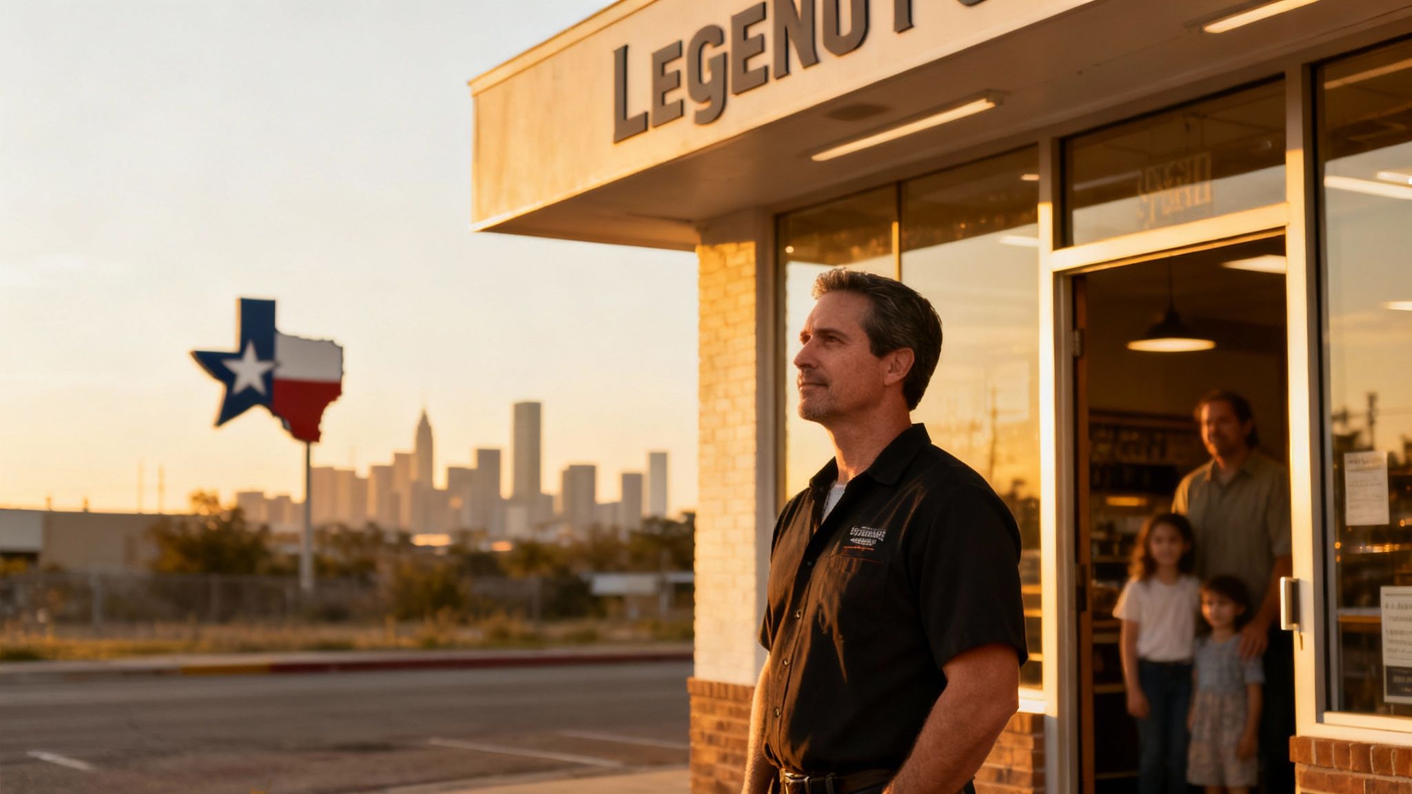 Man in black shirt outside a building, with Texas flag sign and city skyline at sunset.