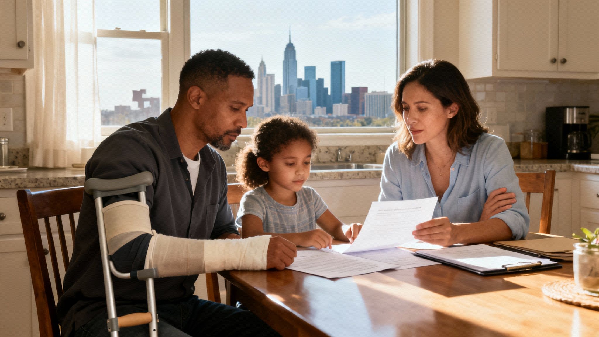 A family with an injured father reviews documents at their kitchen table, with a city skyline visible.