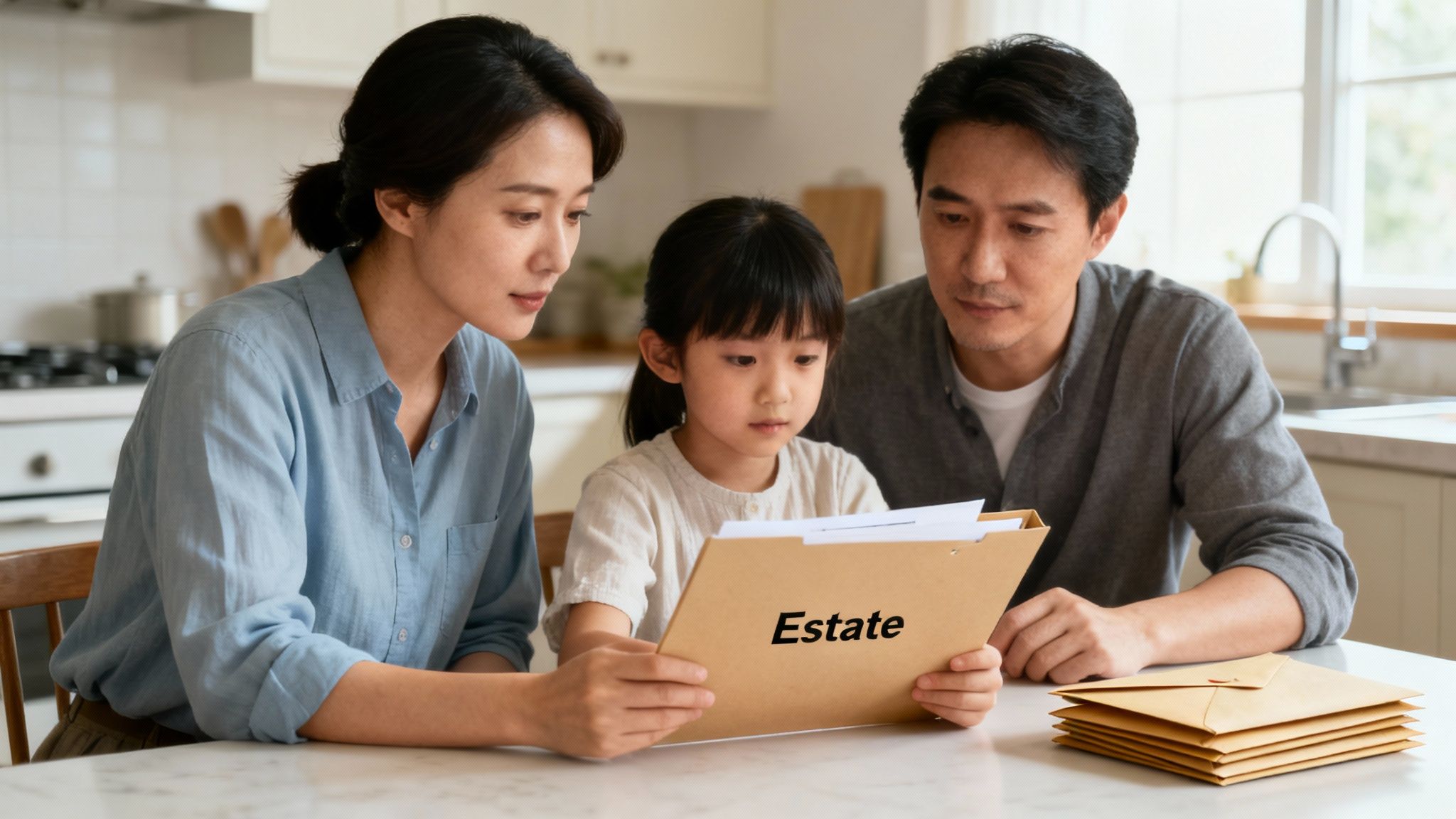 A family of three, including a young girl, reviewing an 'Estate' folder together at a table.