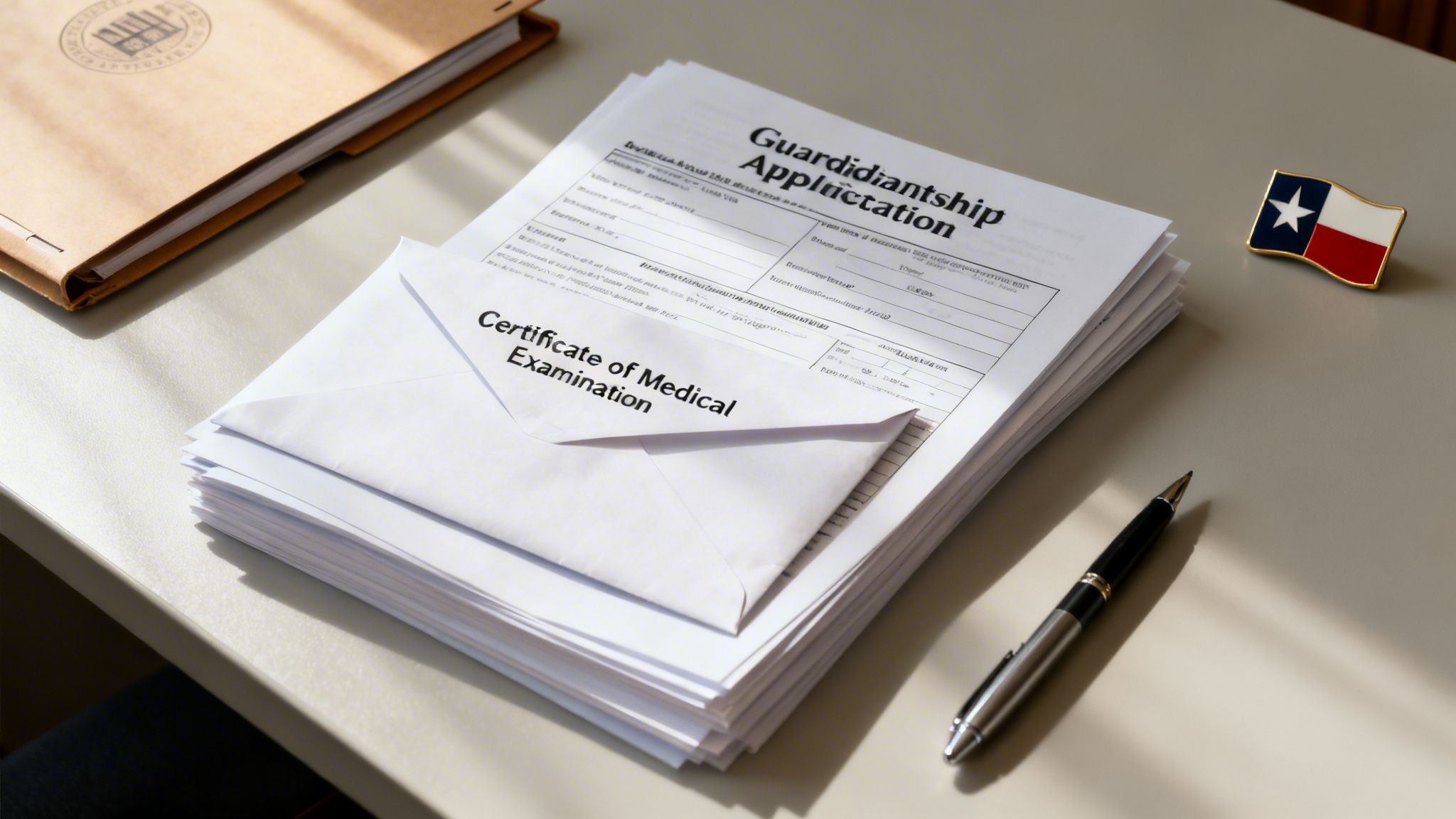 Guardianship application, medical certificate envelope, pen, and Texas flag pin on a desk.