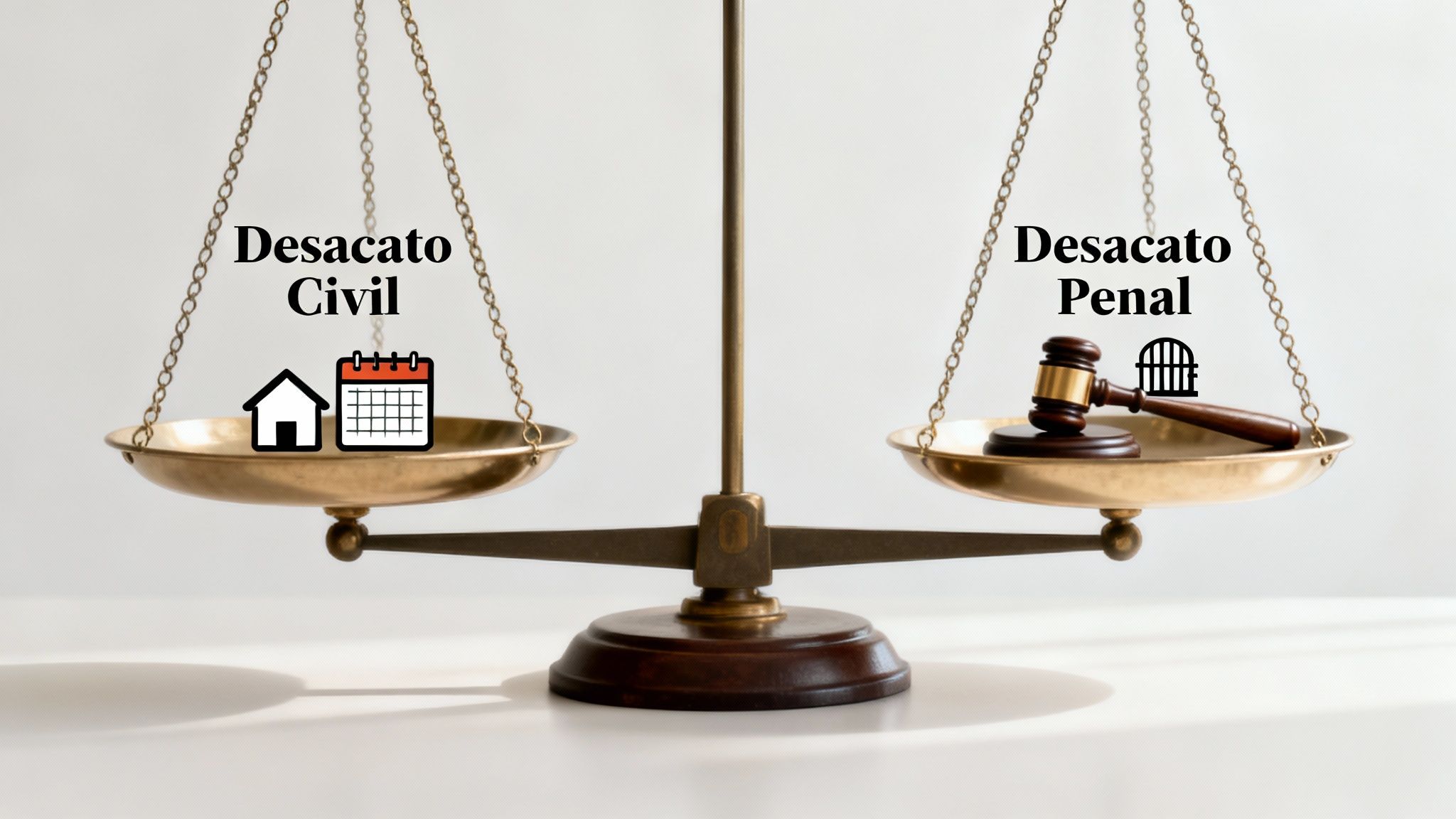 Balanza de justicia comparando desacato civil con calendario y casa versus desacato penal con martillo y cárcel