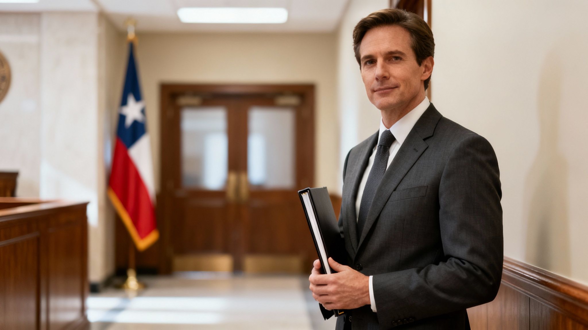 A smiling professional man in a dark suit holds a folder in a hallway with a Texas flag.