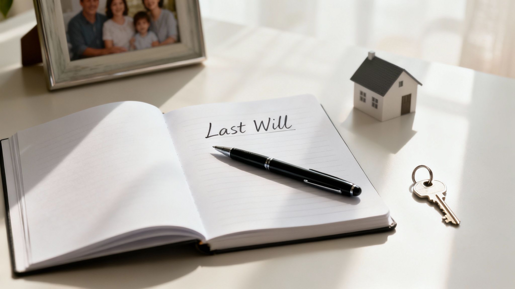 Open notebook with Last Will written on page beside house model, keys, and family photo