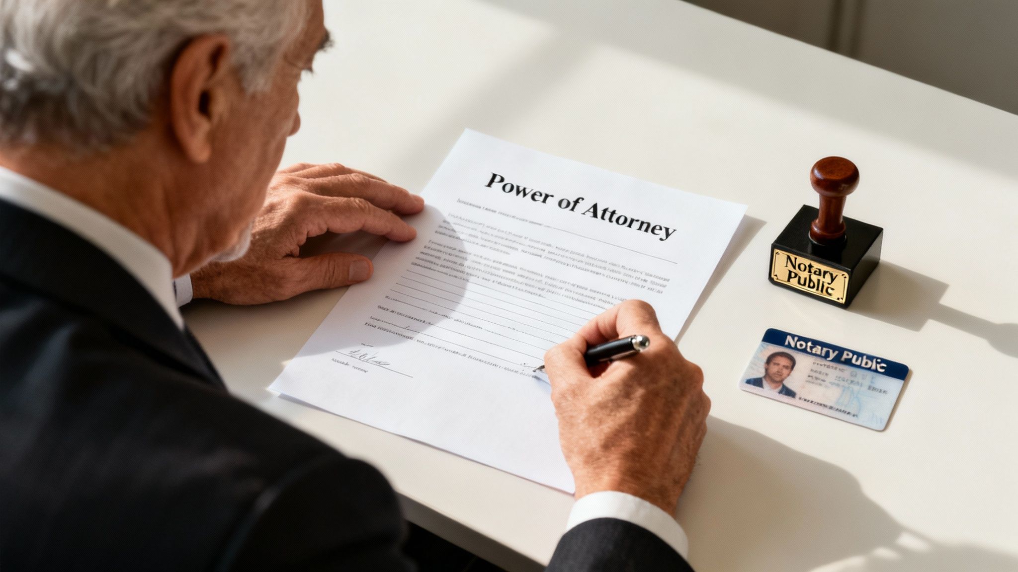 Elderly man signing a Power of Attorney document with a notary public stamp and ID card nearby.