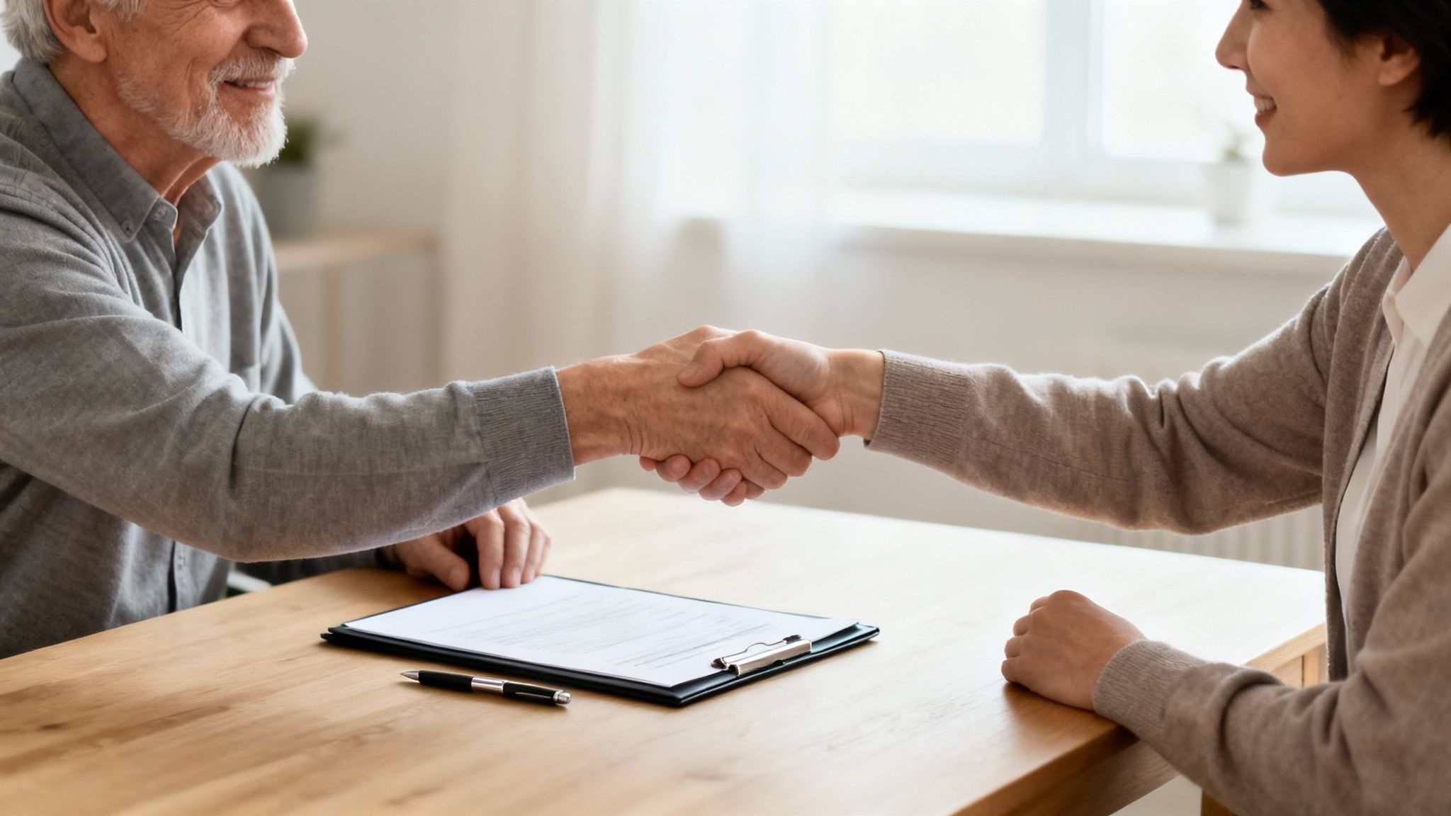Two individuals, an older man and a younger woman, smiling and shaking hands over paperwork, signifying a successful agreement.
