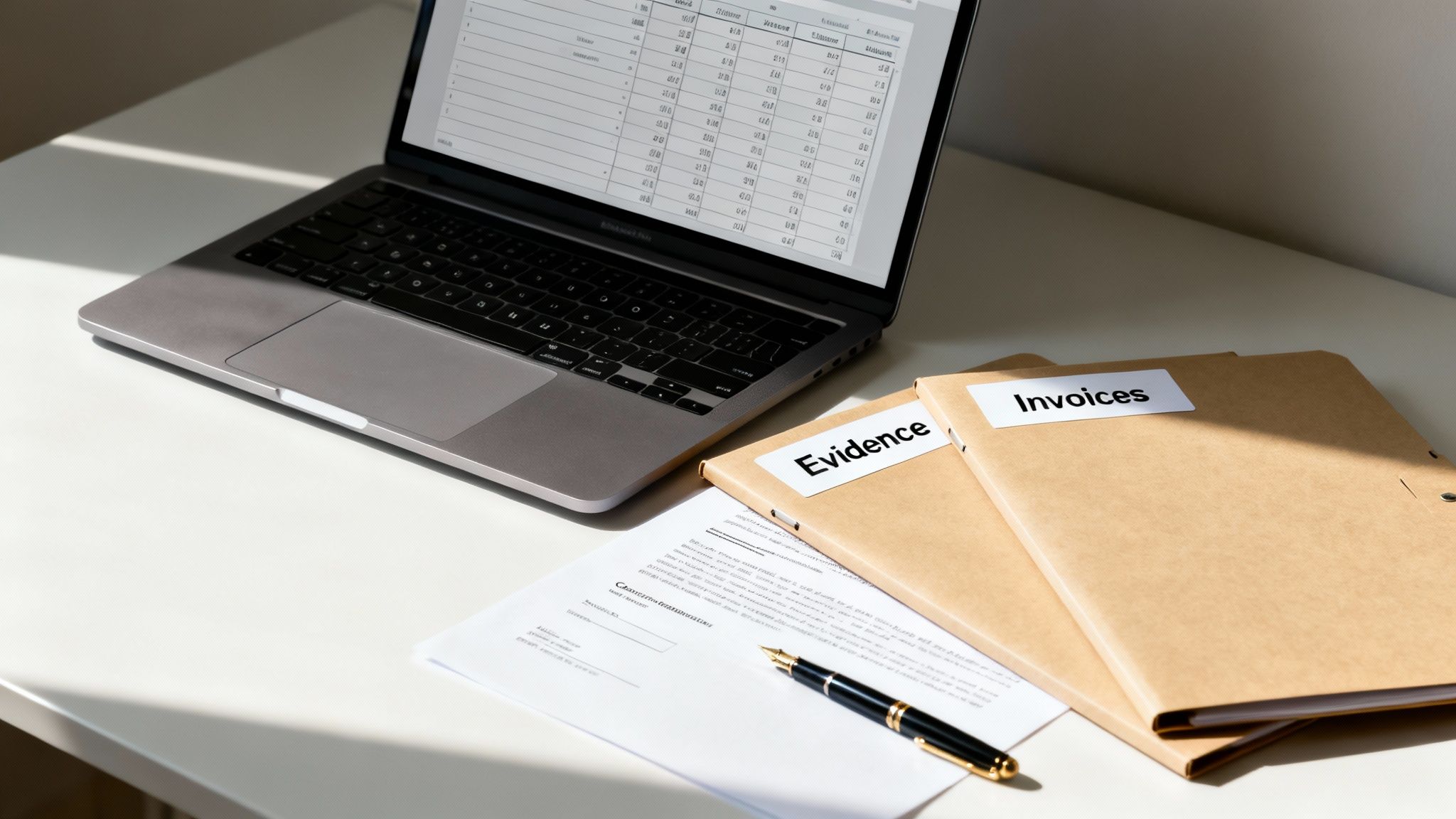 Laptop displaying a spreadsheet alongside labeled folders for "Evidence" and "Invoices," with a legal document and pen on a table, illustrating the documentation process for a breach of contract case.