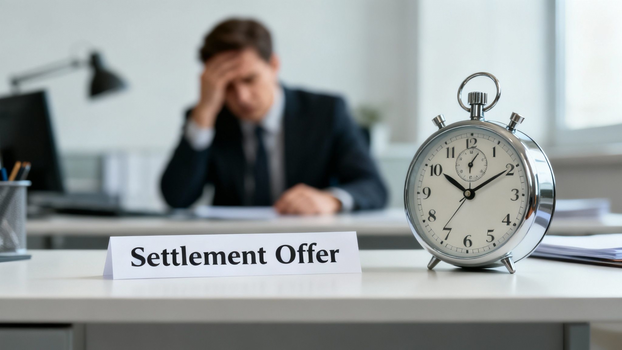 A 'Settlement Offer' sign and a clock on a desk, with a stressed man in the background.