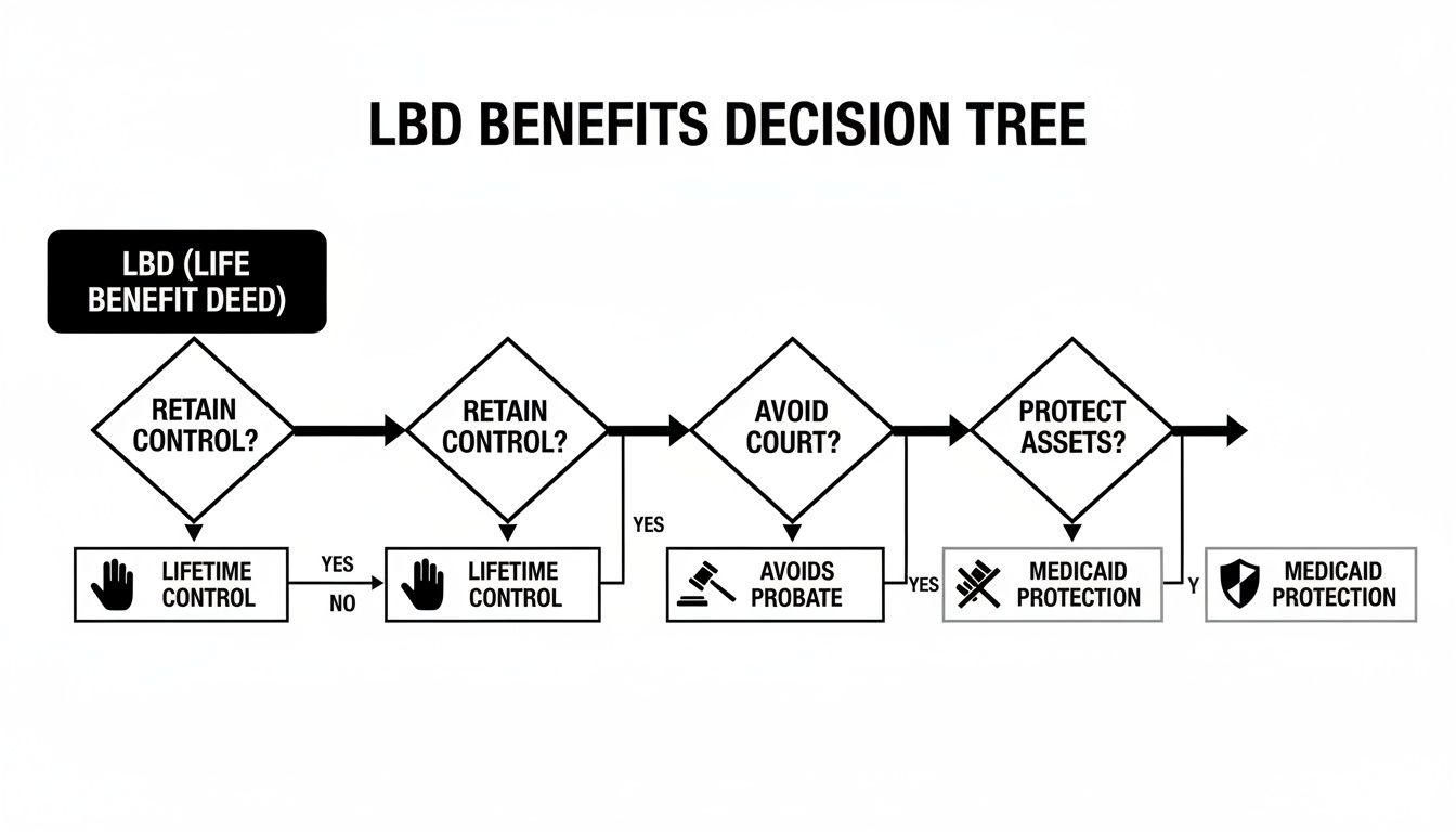 LBD benefits decision tree illustrating lifetime control, probate avoidance, and Medicaid protection for Texas homeowners.