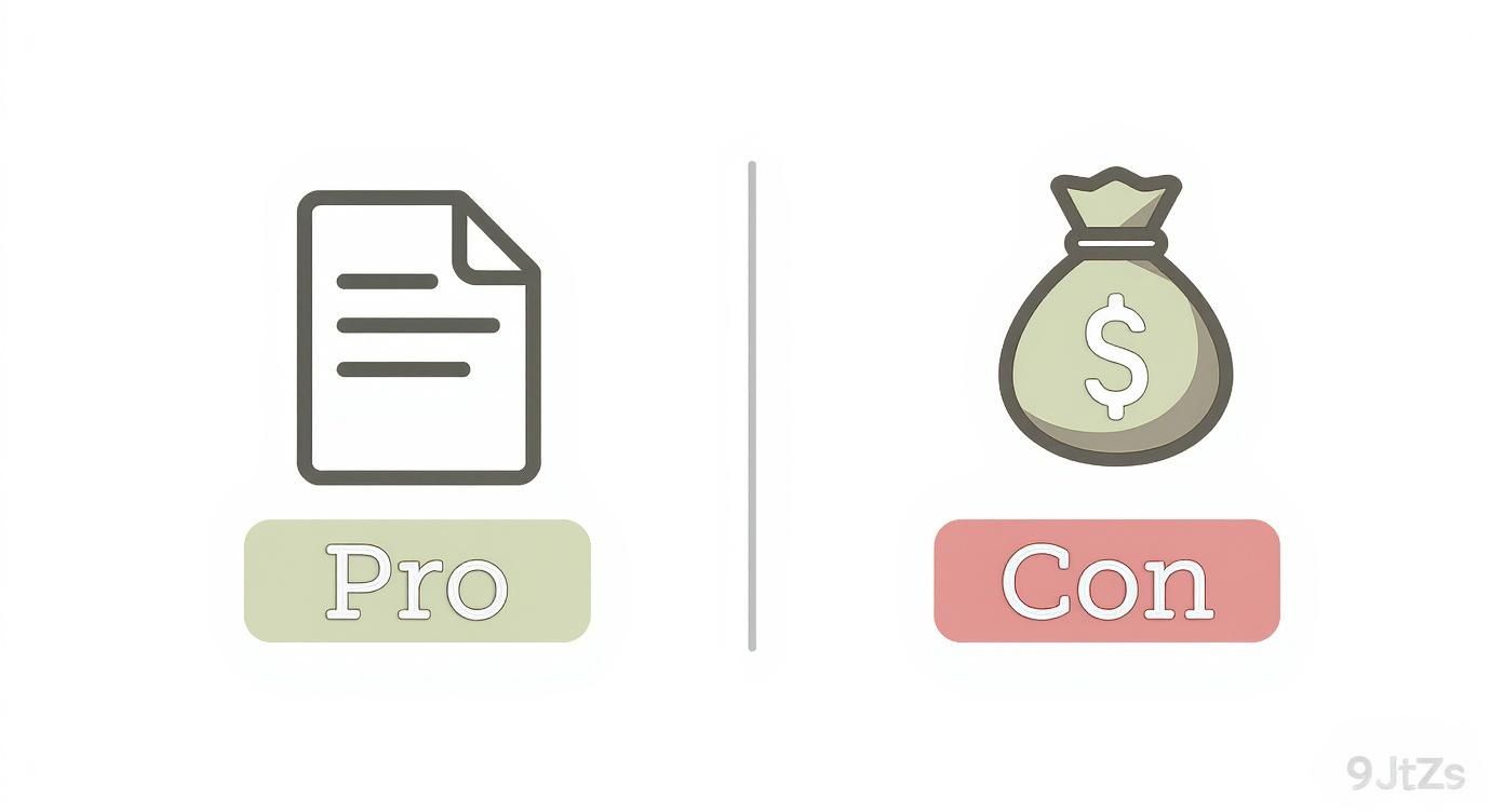 Visual comparison showing a 'Pro' with a document icon and a 'Con' with a money bag icon.