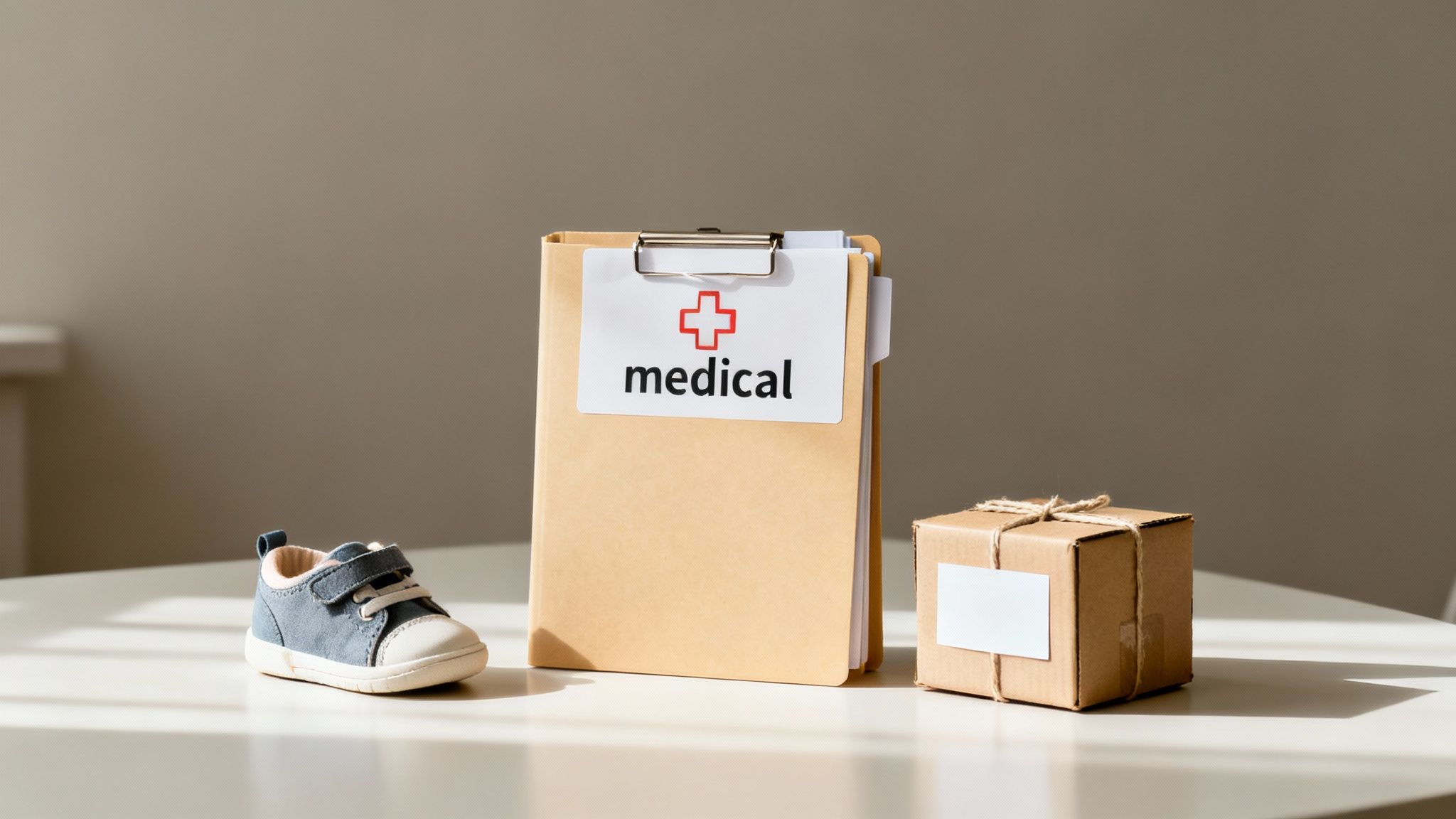 A baby shoe, a medical file with a red cross, and a small package on a table, symbolizing child health.
