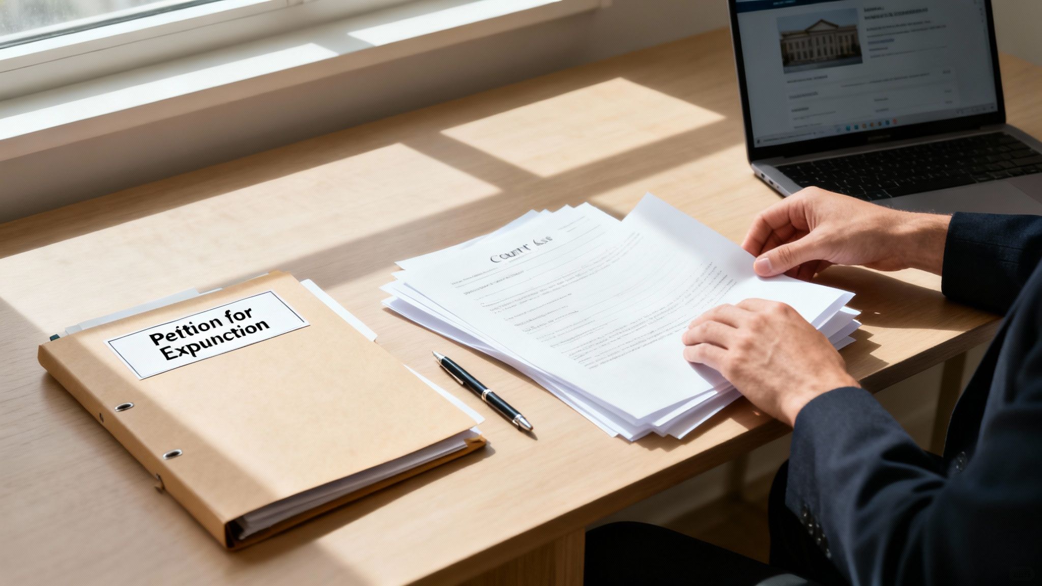 A person reviews legal documents labeled 'Petition for Expunction' on a wooden desk.