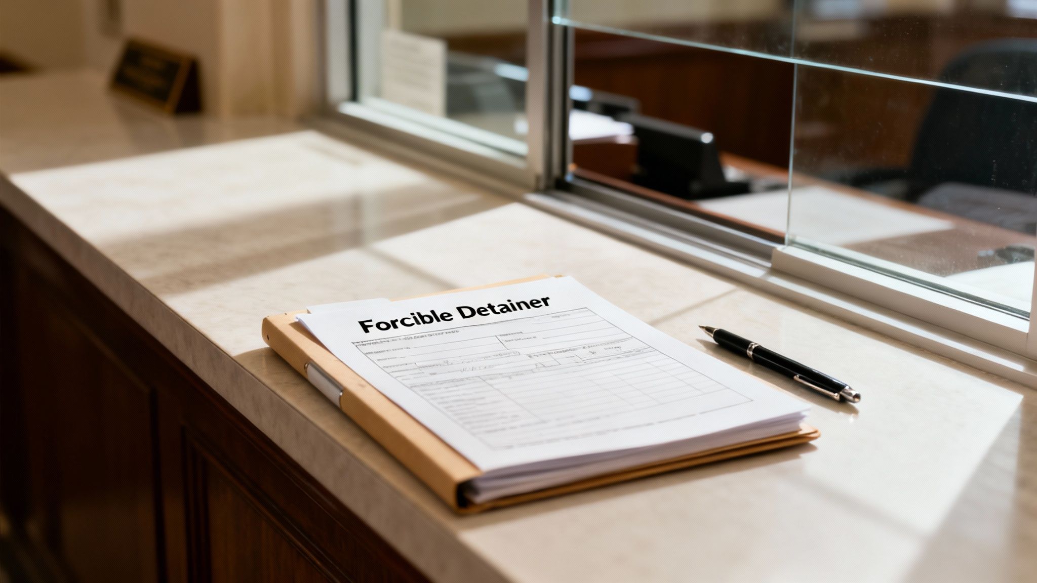 Forcible Detainer lawsuit form on a countertop, representing legal action for eviction in Texas.