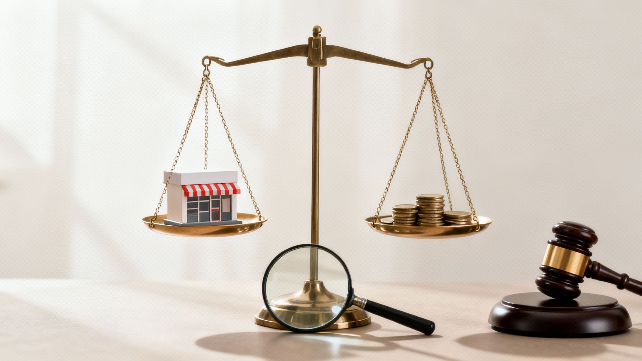 A balance scale weighs a miniature business against stacks of coins, with a gavel and magnifying glass.