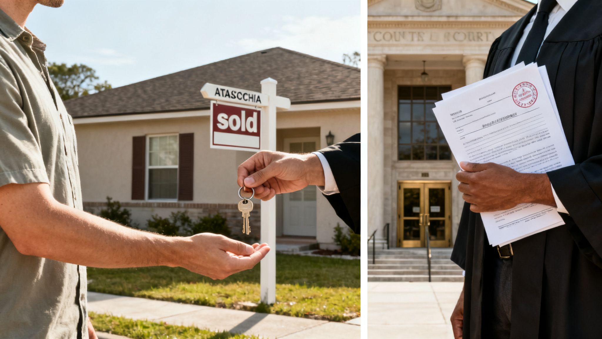 A split image shows a man receiving keys for a sold house and a lawyer holding documents in front of a courthouse.