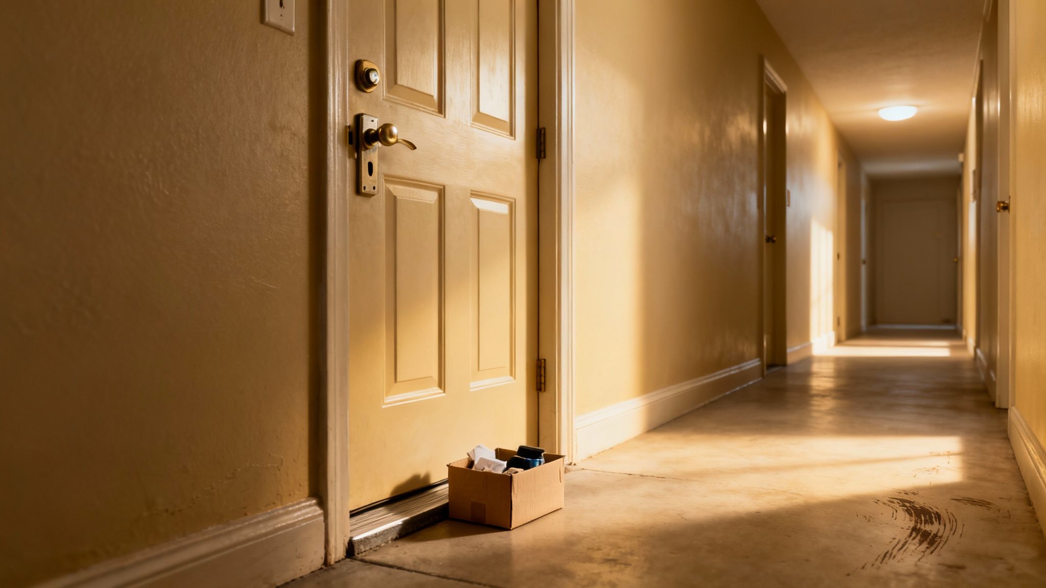 Doorway with a cardboard box at the threshold, symbolizing potential illegal lockout or eviction in a hallway context.