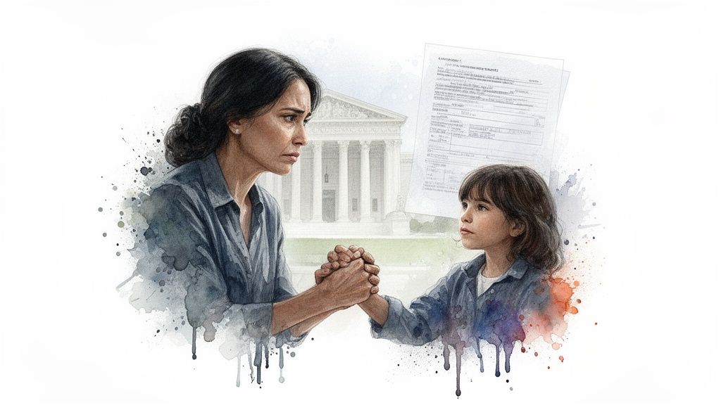 A worried mother and child hold hands in front of a courthouse, with legal documents.