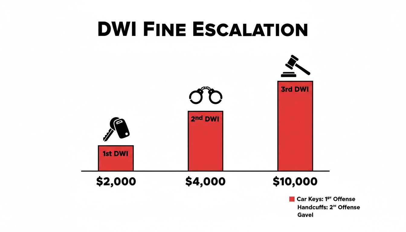 Bar chart illustrating escalating fines for 1st, 2nd, and 3rd DWI offenses, from $2,000 to $10,000.