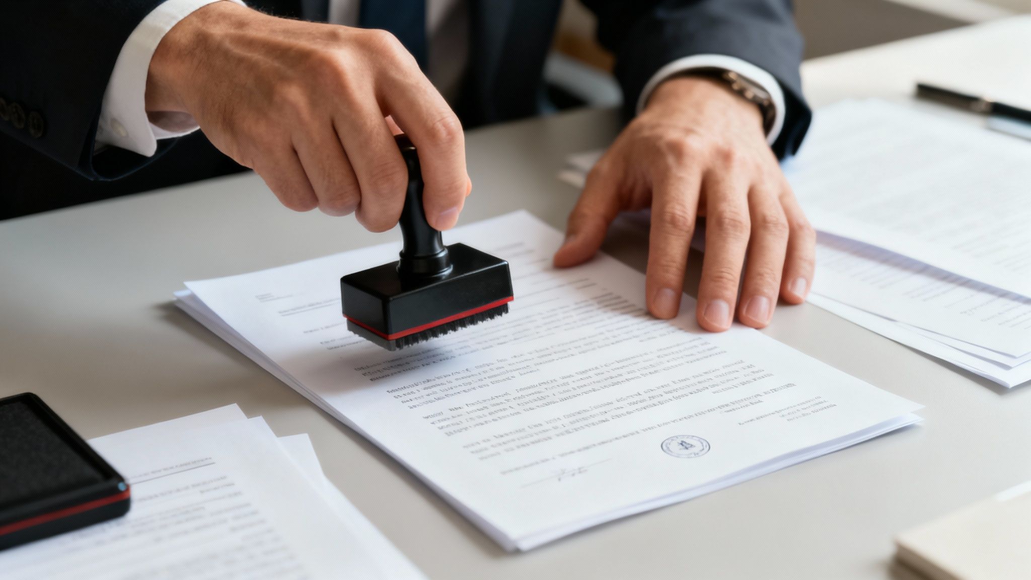 Un juez firmando un documento legal en un tribunal, simbolizando la aprobación del affidavit.