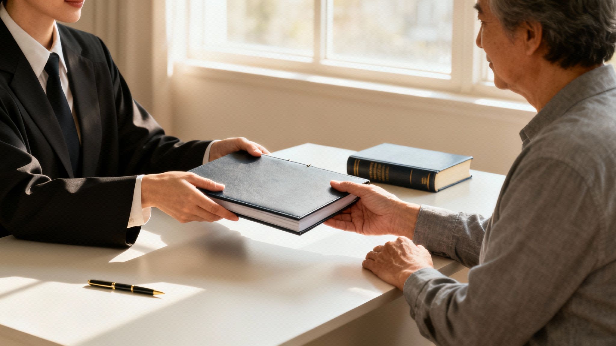 A compassionate Houston wrongful death lawyer sits across from a client, offering support and legal advice.