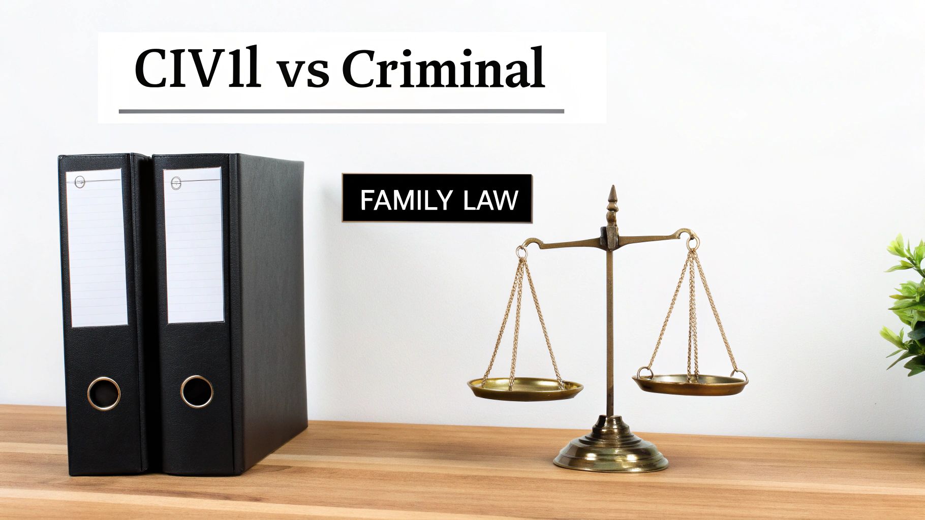 Legal concepts of Civil vs Criminal law, Family Law, represented by binders and a scale of justice.