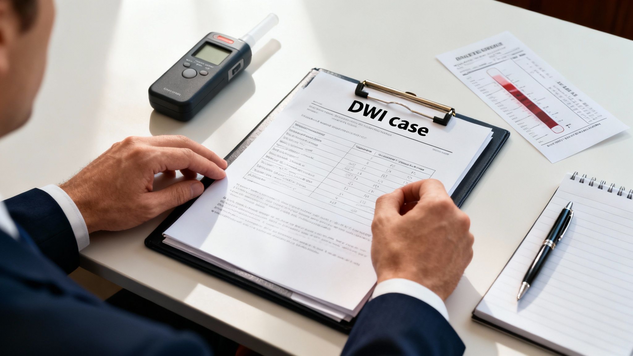 A person in a suit reviews a DWI case document, with a breathalyzer and BAC chart on the desk.
