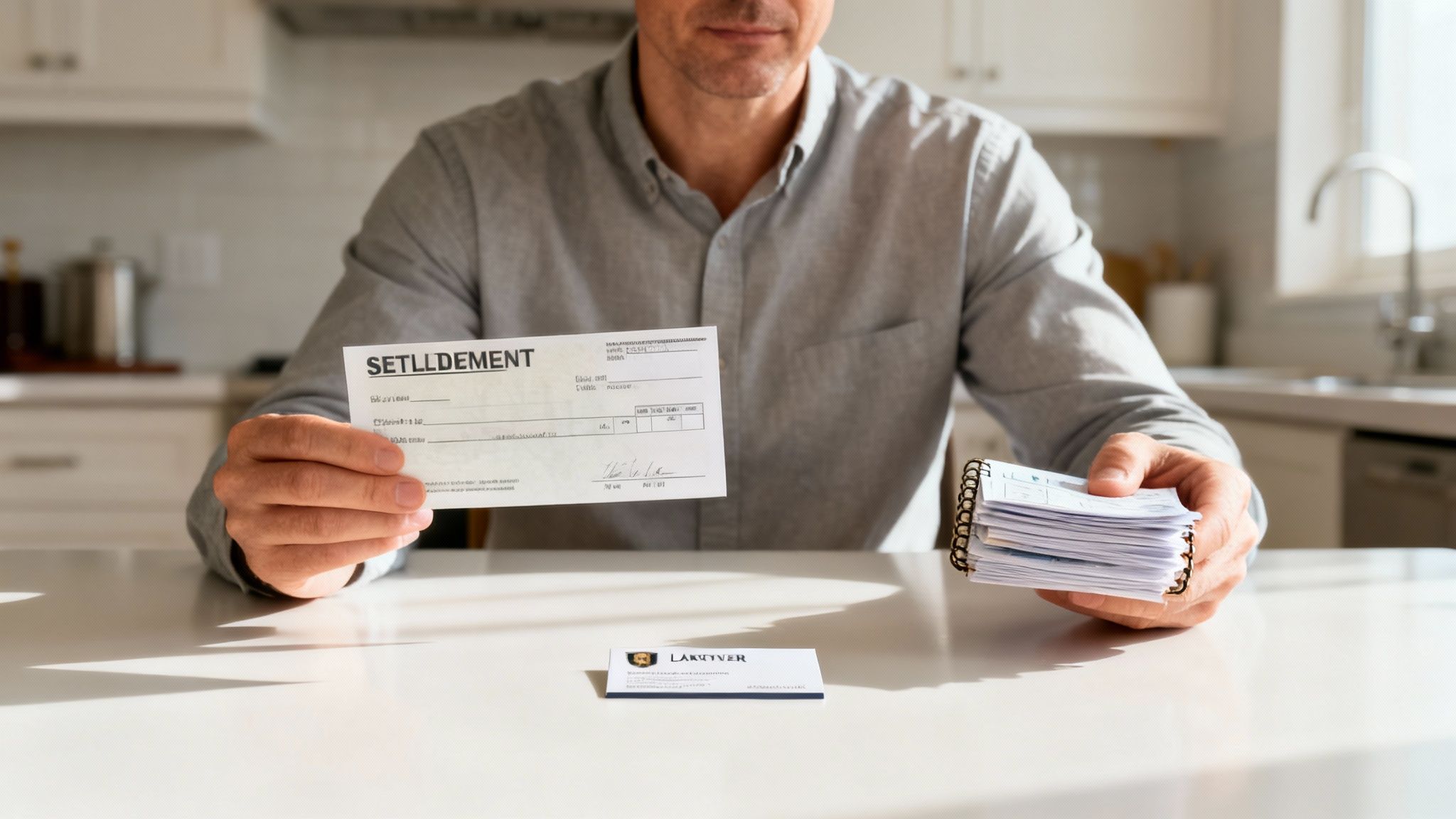 Man holding a settlement check, stack of papers, and a lawyer's business card in a kitchen.