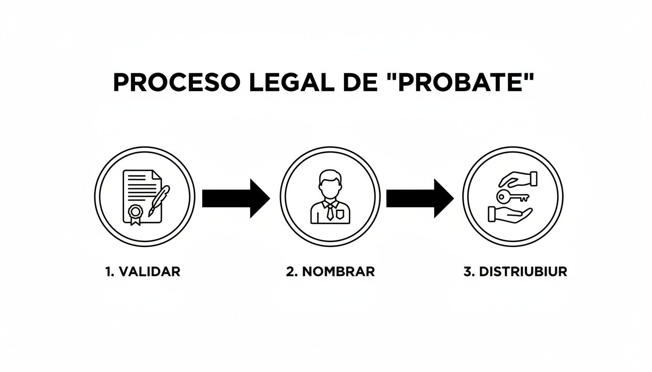 Diagrama que ilustra el proceso legal de 'Probate' en 3 pasos: validar, nombrar y distribuir bienes.