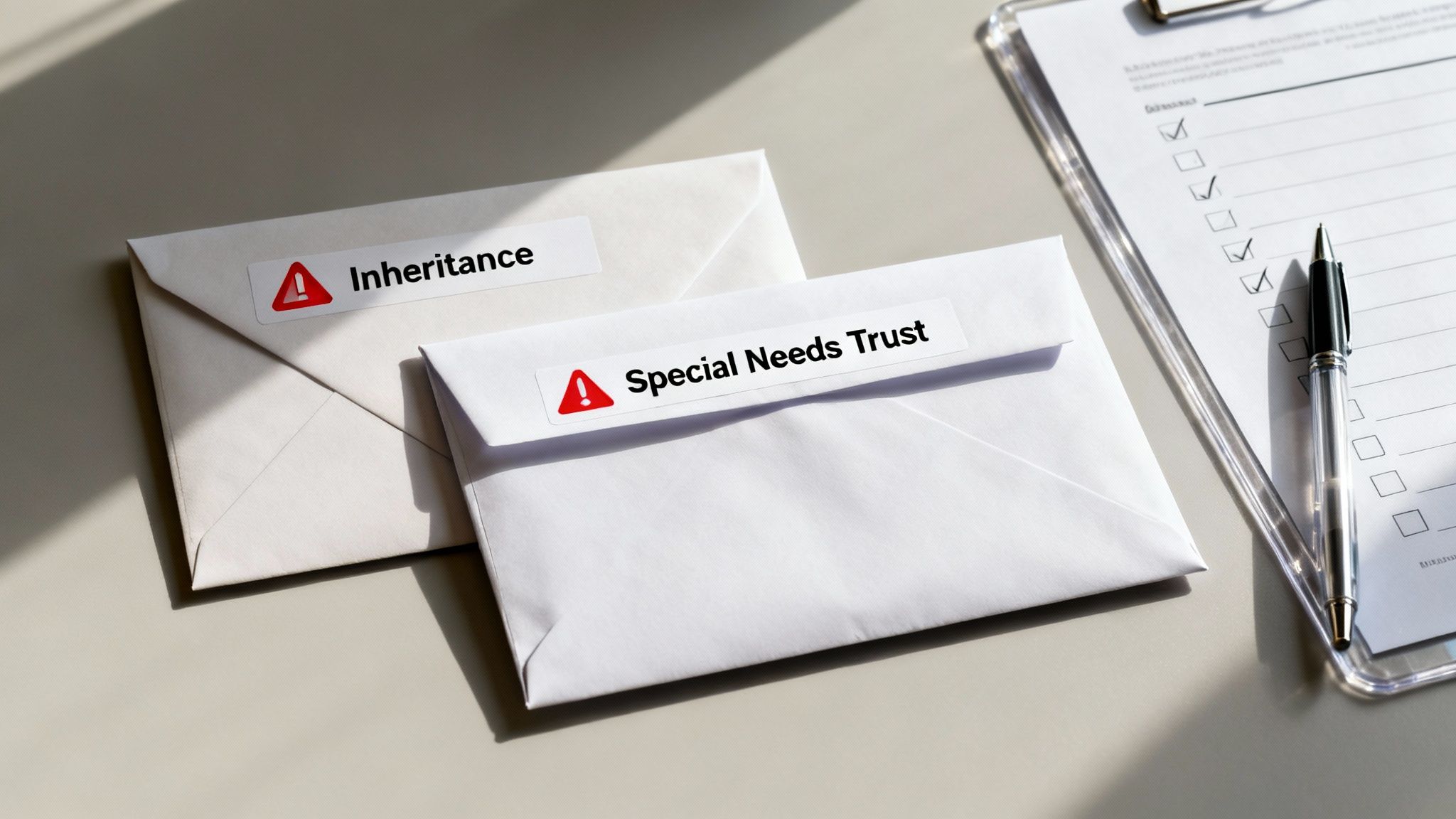 Envelopes labeled 'Inheritance' and 'Special Needs Trust' alongside a financial planning checklist.