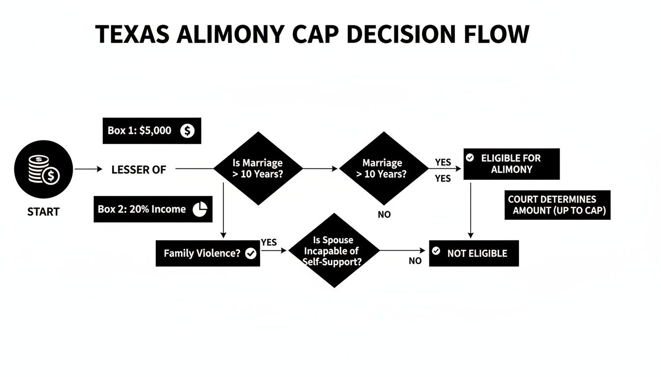 Flowchart detailing Texas alimony cap decision process based on marriage duration, income, and family violence.