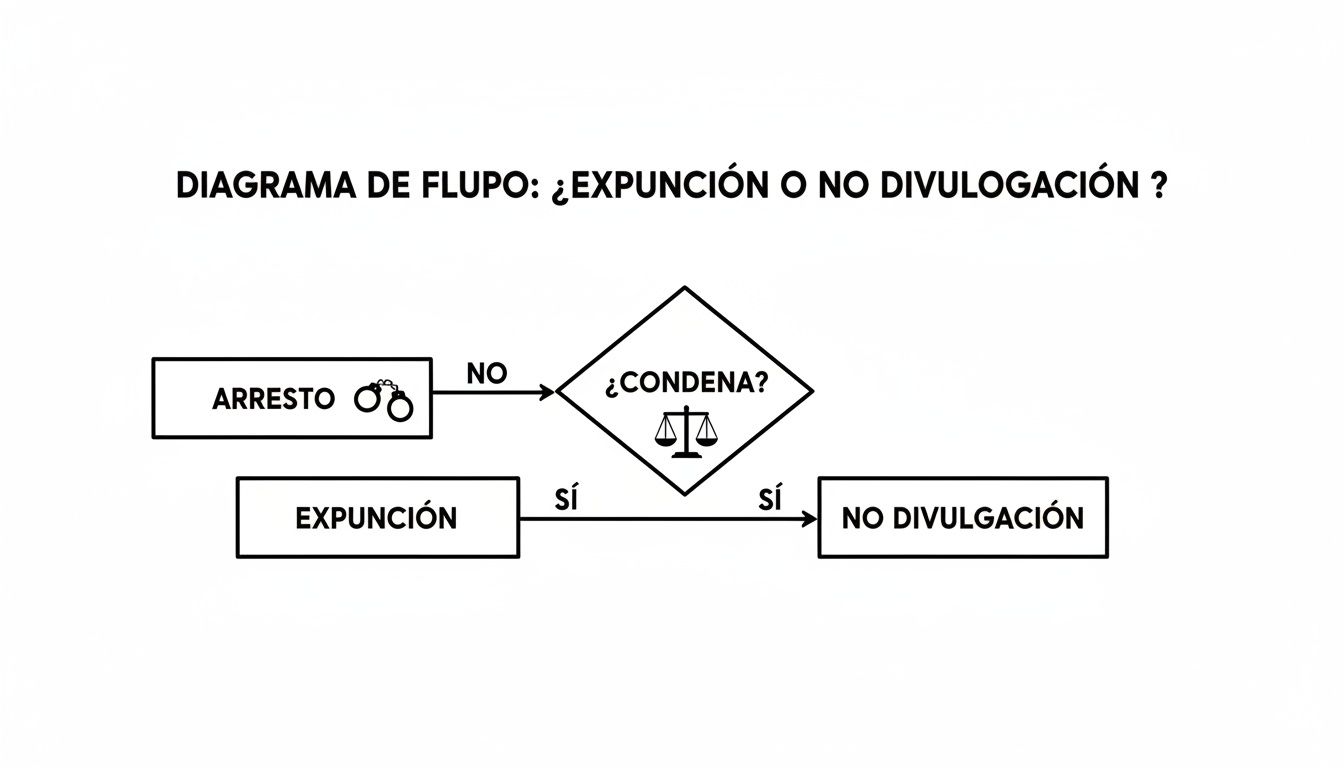 Diagrama de flujo: Proceso legal de expunción o no divulgación de antecedentes penales después de un arresto, según la condena.
