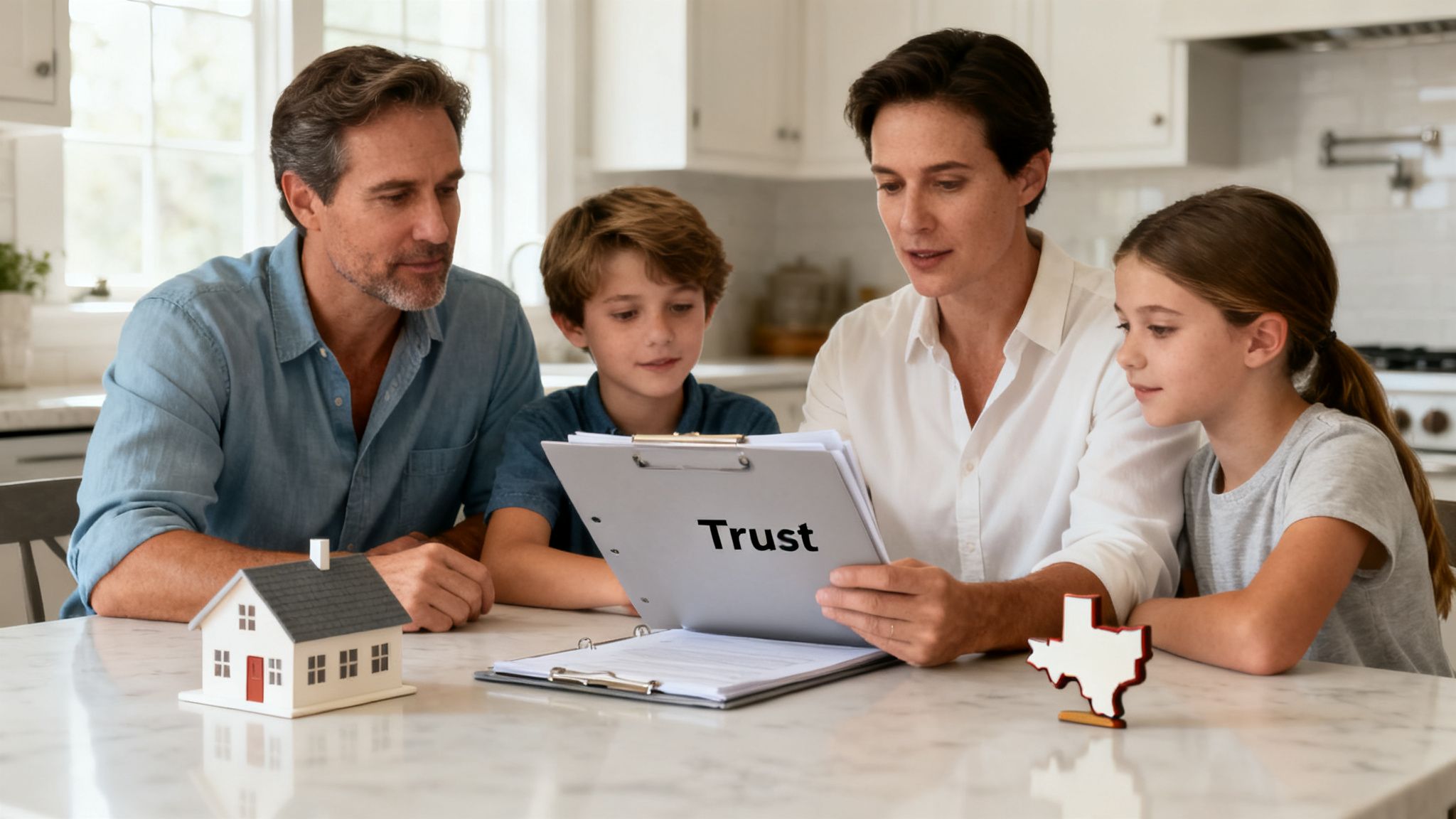 A family reviews trust documents with a model house and Texas cutout on a kitchen table.