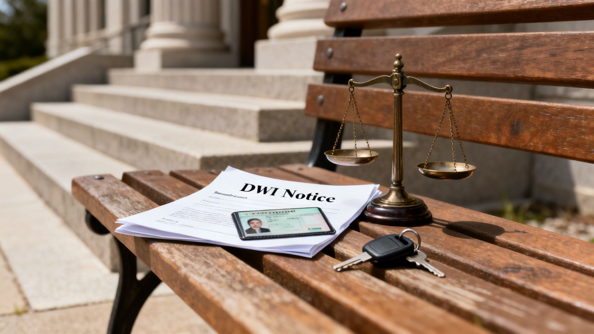 DWI notice, driver's license, car keys, and justice scales on a wooden bench near a courthouse.